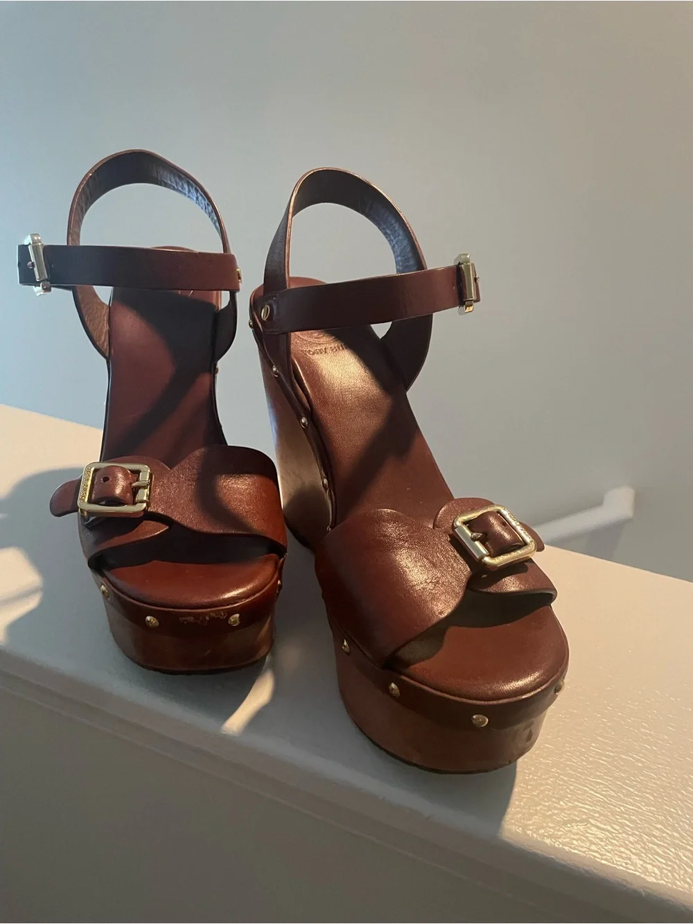 Tory Burch Brown Leather Wedge Sandals with Buckle